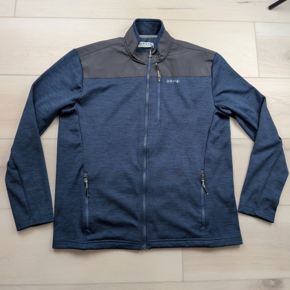 Orvis Bonded Mesh Mens Blue Full Zip Knit Jacket Contrast Yoke Large